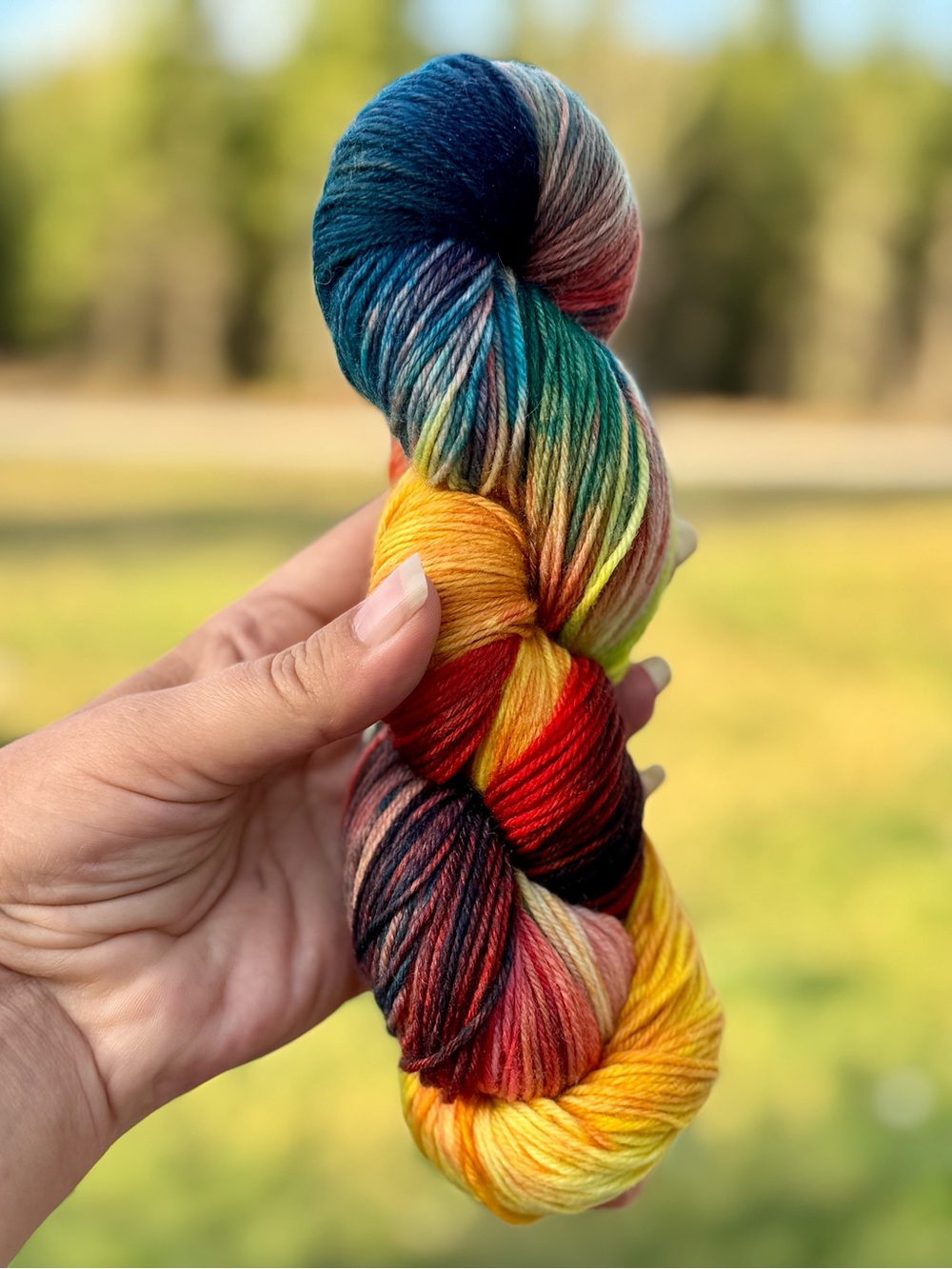 Hand-Dyed Multicolor Wool Yarn Skein — Vibrant Yellow, Red, Blue & Green